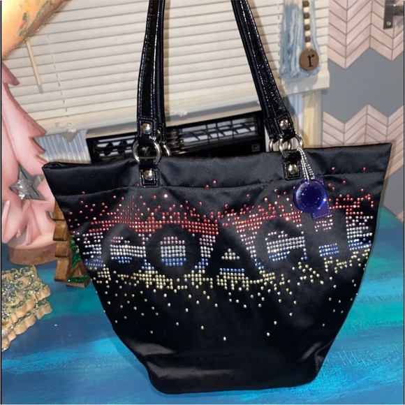 COACH POPPY rhinestone black satin y2k TOTE BAG - Picture 1 of 2